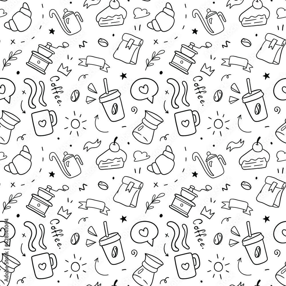 Coffee seamless pattern. Doodle Drawing design concept. Vector illustration Coffee seamless pattern. Doodle Drawing design concept. Vector illustration