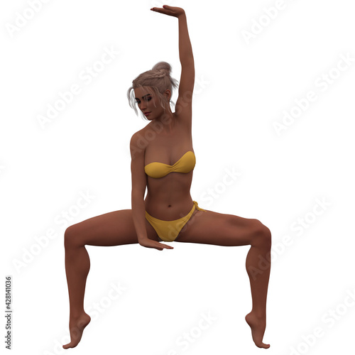 Beautiful attractive young blonde fashion model posing in an abstract contemporary dance pose in a yellow bikini. Woman Isolated against white background. Photorealistic 3D rendering. Model Code CY photo