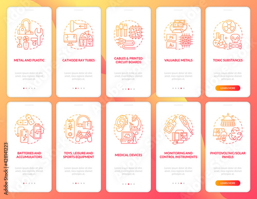 E-scrap segregation onboarding mobile app page screen with concepts set. Elements, categories walkthrough 5 steps graphic instructions. UI, UX, GUI vector template with linear color illustrations