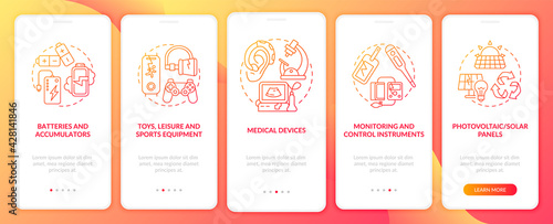 E-scrap groups onboarding mobile app page screen with concepts. Sports, medical equipment walkthrough 5 steps graphic instructions. UI, UX, GUI vector template with linear color illustrations