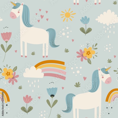 Hand drawing cute unicorn and flowers seamless print design. Vector illustration design for fashion fabrics, textile graphics, prints