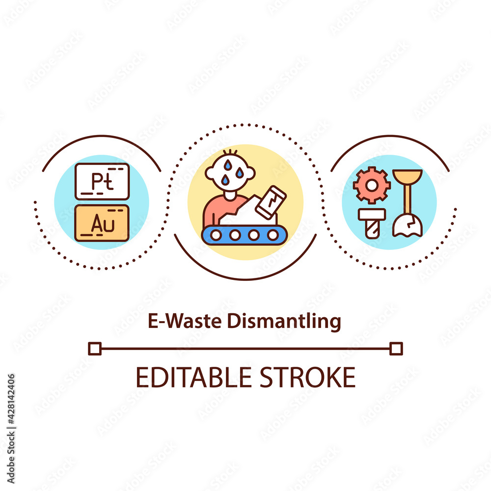 E-waste dismantling concept icon. Zero environmental impact idea thin line illustration. Dismantling operations. Electronic goods recycling. Vector isolated outline RGB color drawing. Editable stroke E-waste dismantling concept icon. Zero environmental impact idea thin line illustration. Dismantling operations. Electronic goods recycling. Vector isolated outline RGB color drawing. Editable stroke