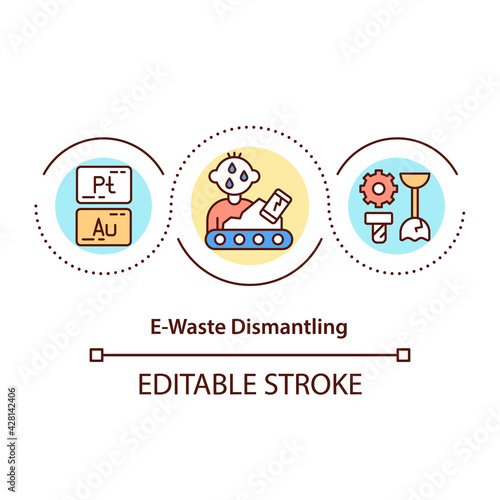 E-waste dismantling concept icon. Zero environmental impact idea thin line illustration. Dismantling operations. Electronic goods recycling. Vector isolated outline RGB color drawing. Editable stroke