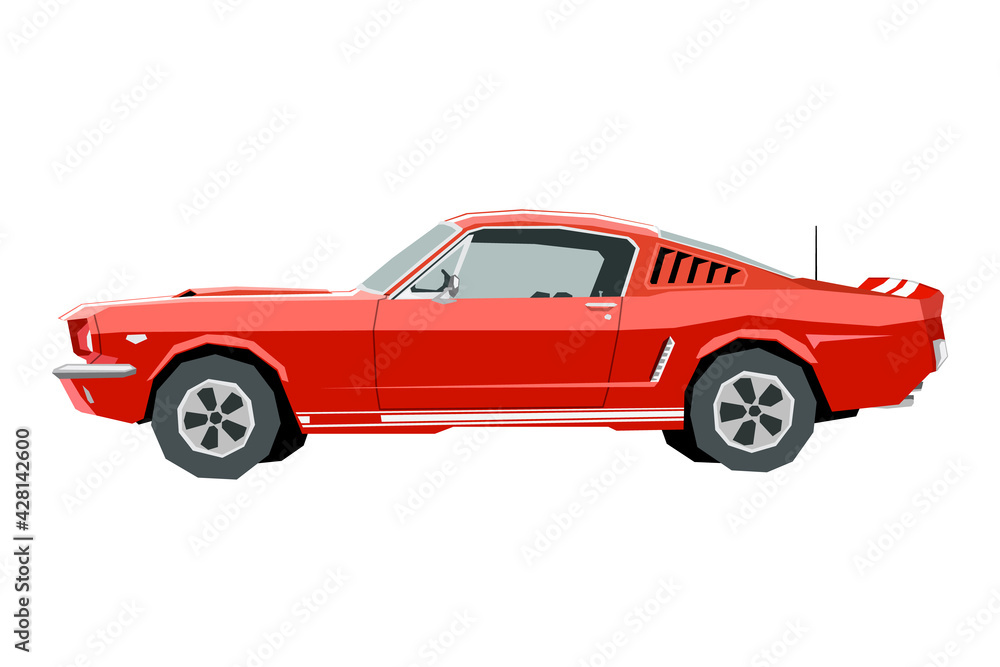 Nursery retro car drawing. Muscle car in cartoon style. Isolated vehicle print for boys playroom decor. Side view of sport automobile. Classic red auto for toddler wall art