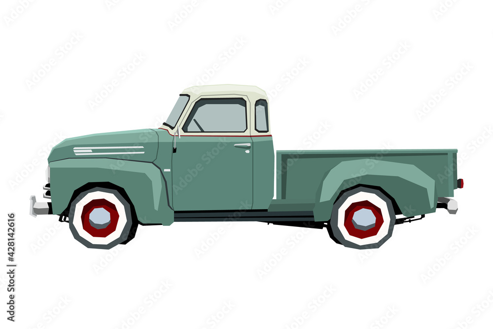 Farm retro pickup drawing. Off-road car in cartoon style. Isolated vintage vehicle art for kids bedroom decor. Side view. Truck for nursery decor