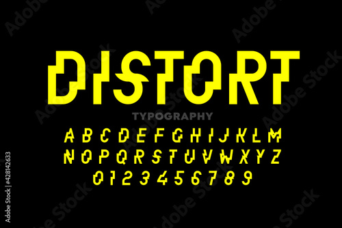 Distrorted style font, typography design, alphabet letters and numbers