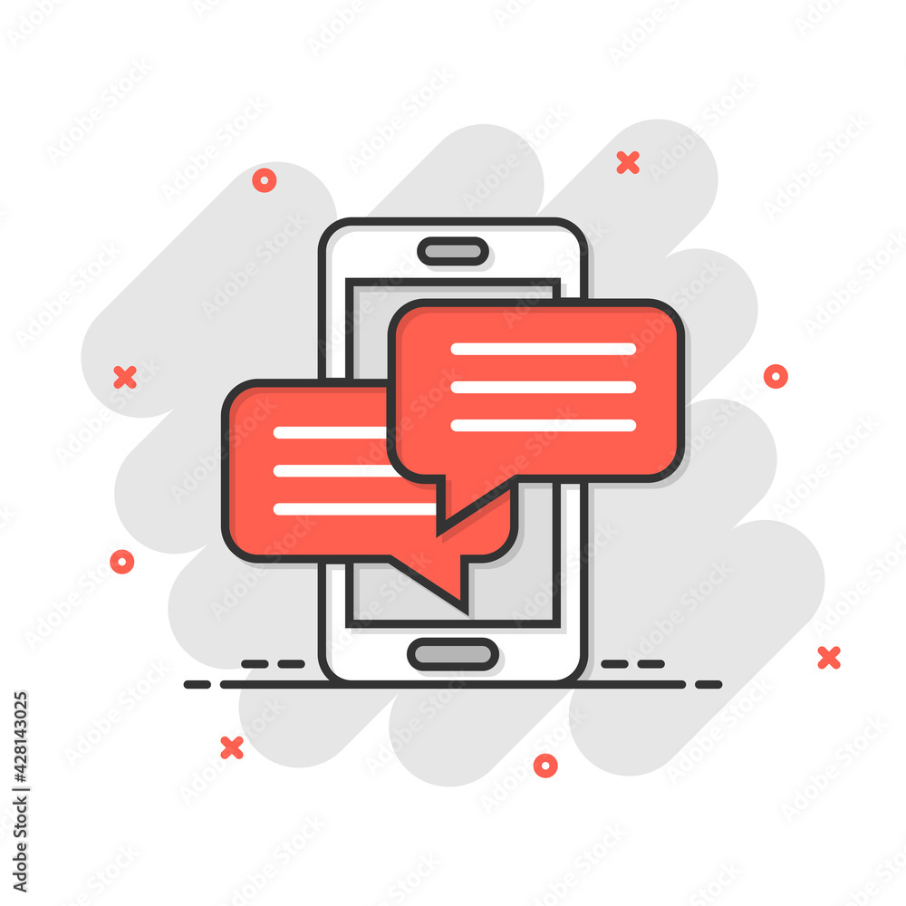 Mobile phone chat sign icon in comic style. Message notifications vector cartoon illustration on white isolated background. Smartphone text business concept splash effect. Mobile phone chat sign icon in comic style. Message notifications vector cartoon illustration on white isolated background. Smartphone text business concept splash effect.
