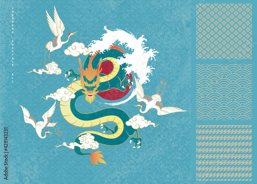 Abstract Japanese Art Flying Dragon Floating with Torrential Splash Surround the Sun and Cranes Flying Around with Clouds on Leave Repeat Pattern Blue Background and Three Japan Patterns Vector Design