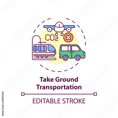 Take ground transportation concept icon. Sustainable tour tips. Spending bit more time traveling by bus or car idea thin line illustration. Vector isolated outline RGB color drawing. Editable stroke