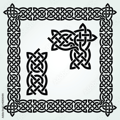 Celtic Style frame, pattern and corner isolated on white background. Vector illustration