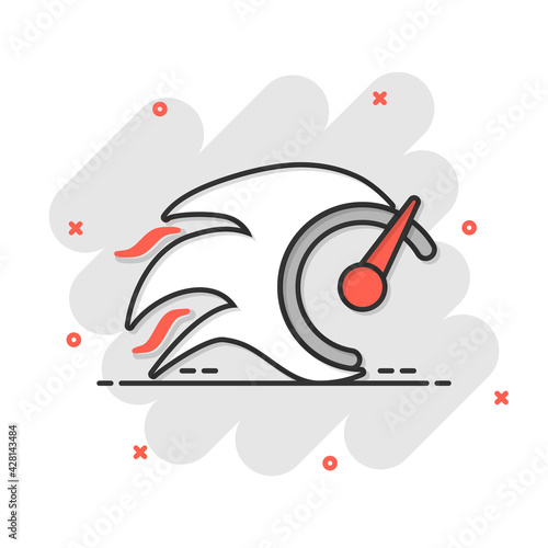 Flaming speedometer sign icon in comic style. Accelerate vector cartoon illustration on white isolated background. Motion tachometer business concept splash effect.