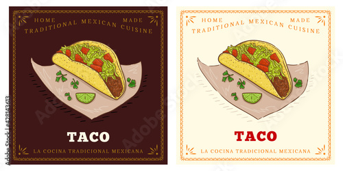 Mexican street food Taco cartoon trendy illustration