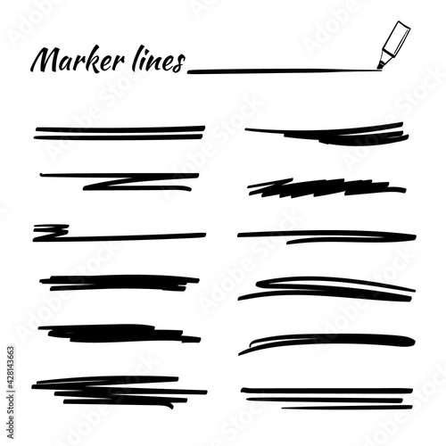 Set of hand drawn marker strokes, underlines.Collection of doodle style various strips. Art lines.Isolated on white.Vector