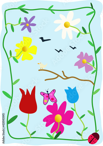 Hello spring season image with flowers and insect