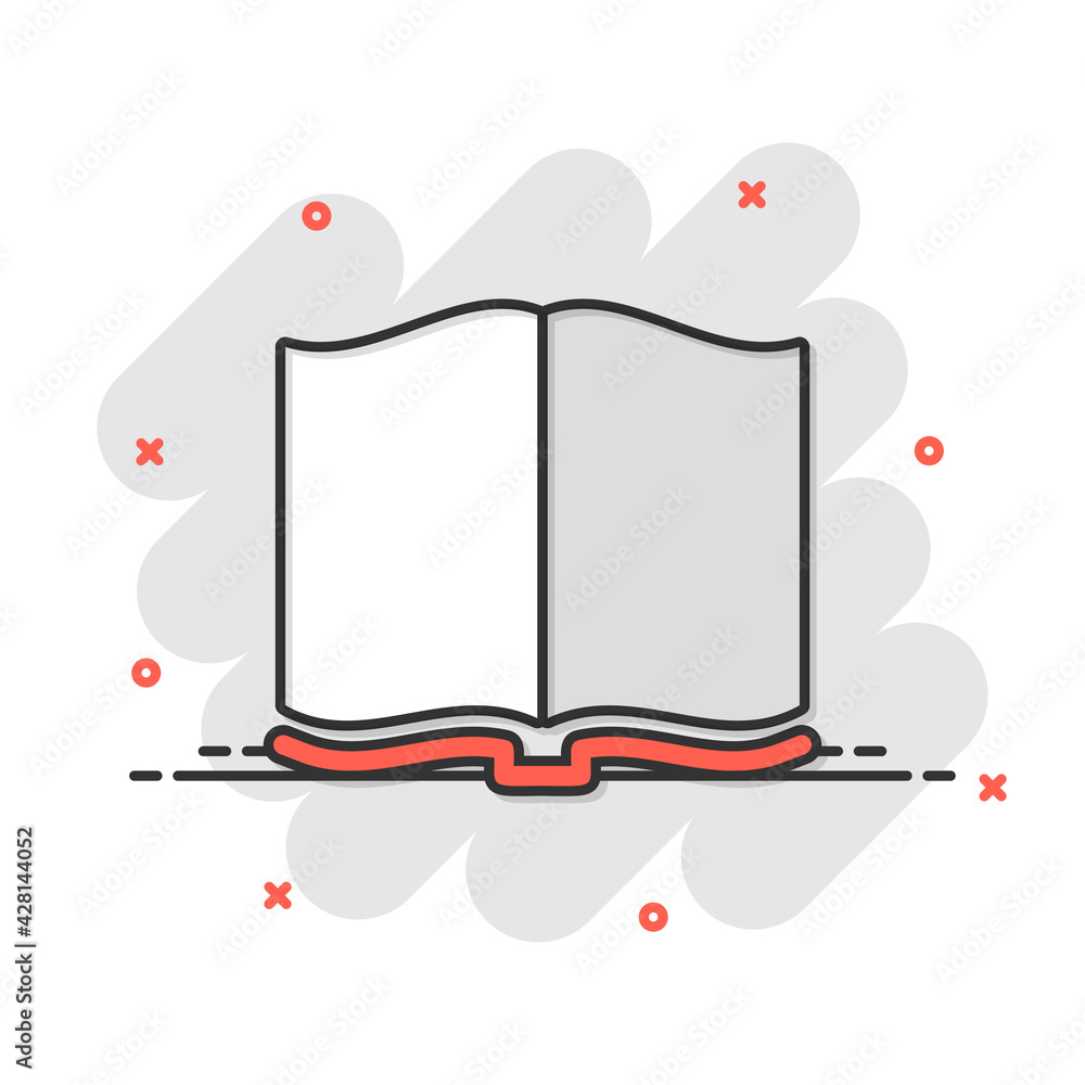 Fototapeta premium Open book icon in comic style. Literature vector cartoon illustration on white isolated background. Library business concept splash effect.