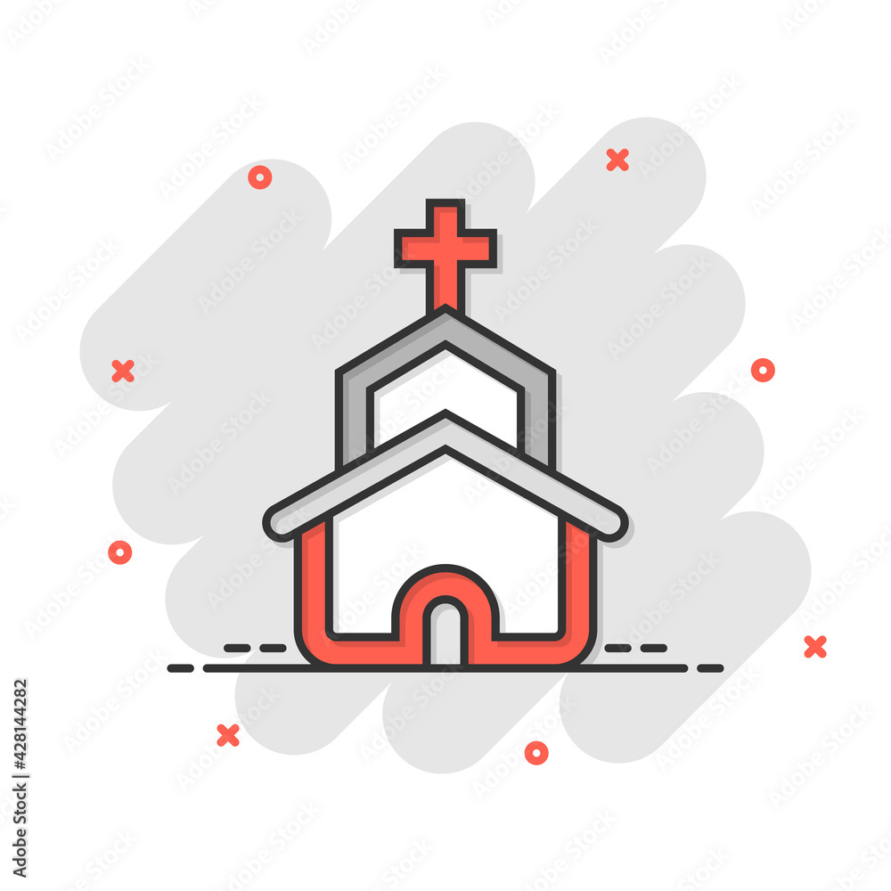 Church icon in comic style. Chapel vector cartoon illustration on white isolated background. Religious building business concept splash effect. Church icon in comic style. Chapel vector cartoon illustration on white isolated background. Religious building business concept splash effect.