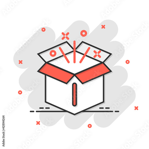 Gift box icon in comic style. Magic case vector cartoon illustration on white isolated background. Present business concept splash effect.