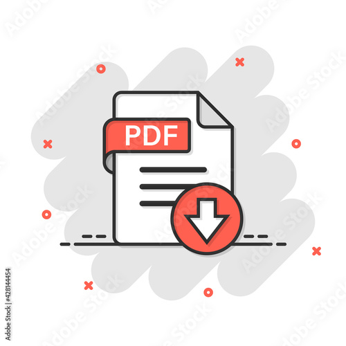 Pdf icon in comic style. Document text vector cartoon illustration on white isolated background. Archive splash effect business concept.