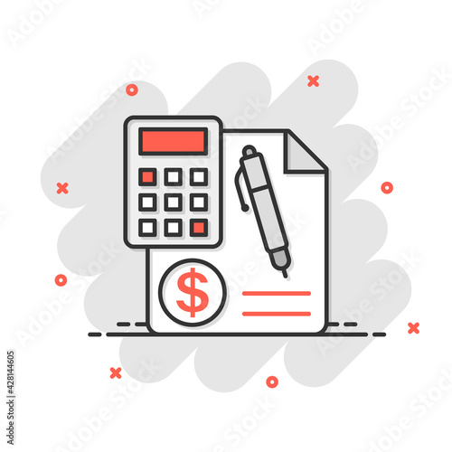 Money calculation icon in comic style. Budget banking vector cartoon illustration on white isolated background. Financial payment splash effect business concept.