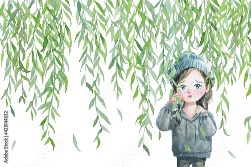 Watercolor willow branches in front of a green crying girl background. 