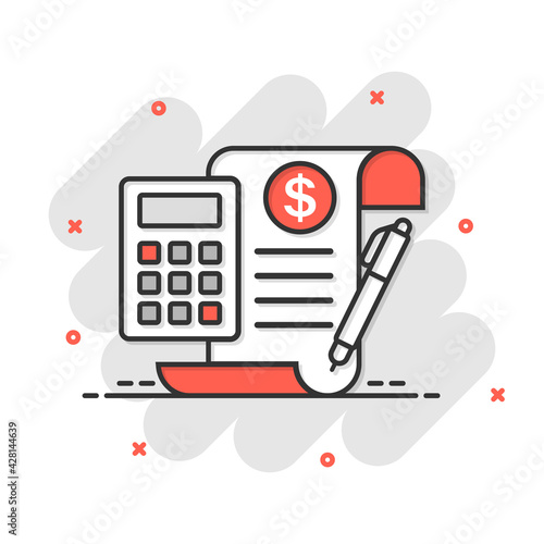 Money calculation icon in comic style. Budget banking vector cartoon illustration on white isolated background. Financial payment splash effect business concept.