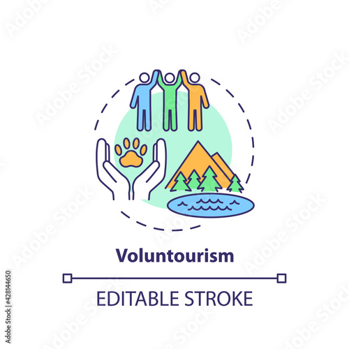 Voluntourism concept icon. Best sustainable tourism practices. Tourist spending vacation helping people idea thin line illustration. Vector isolated outline RGB color drawing. Editable stroke