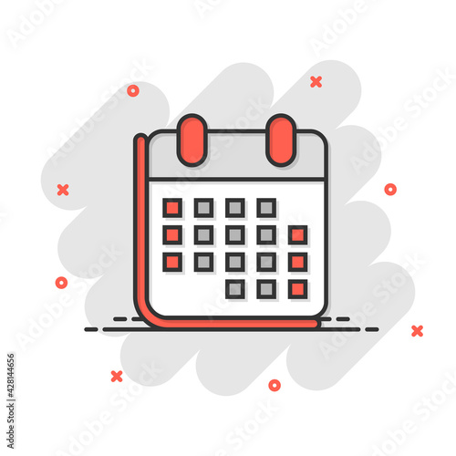 Calendar organizer icon in comic style. Appointment event vector cartoon illustration on white isolated background. Month deadline business concept splash effect.