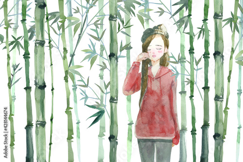 Watercolor red crying woman among bamboo forest background.  © weeramix
