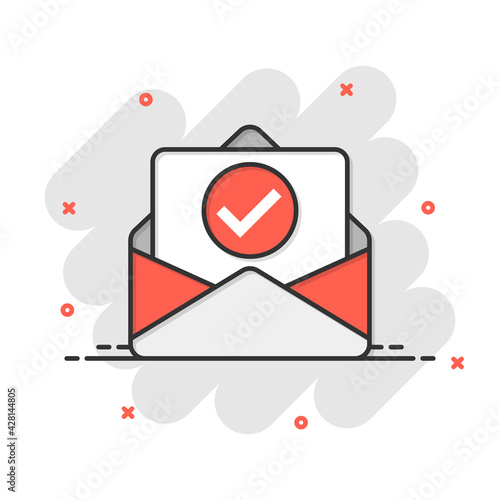 Envelope with confirmed document icon in comic style. Verify cartoon vector illustration on white isolated background. Receive splash effect business concept.