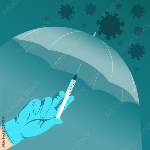 Vaccination for COVID-19 concept. Protection against coronavirus. An umbrella-shaped vaccine syringe on green background. Doctor's gloved hand holds a needle.