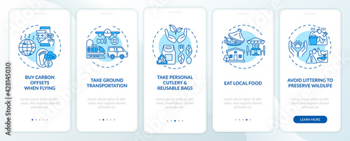 Sustainable tour tips onboarding mobile app page screen with concepts. Take ground transportation walkthrough 5 steps graphic instructions. UI, UX, GUI vector template with linear color illustrations