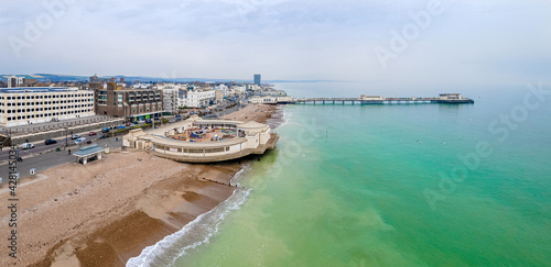 An aerial view of Worthing Pier, a public pleasure pier in Worthing, West Sussex, England photo