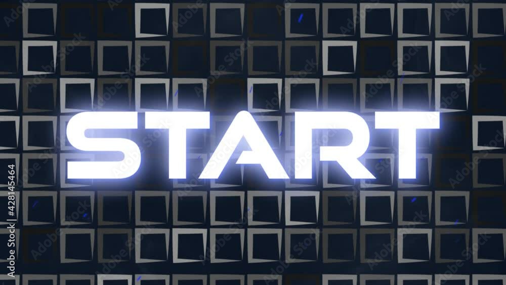 Animation of glowing start text in white over square patterned background