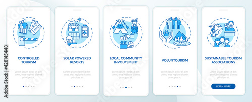 Best sustainable tourism practices onboarding mobile app page screen with concepts. Solar power walkthrough 5 steps graphic instructions. UI, UX, GUI vector template with linear color illustrations