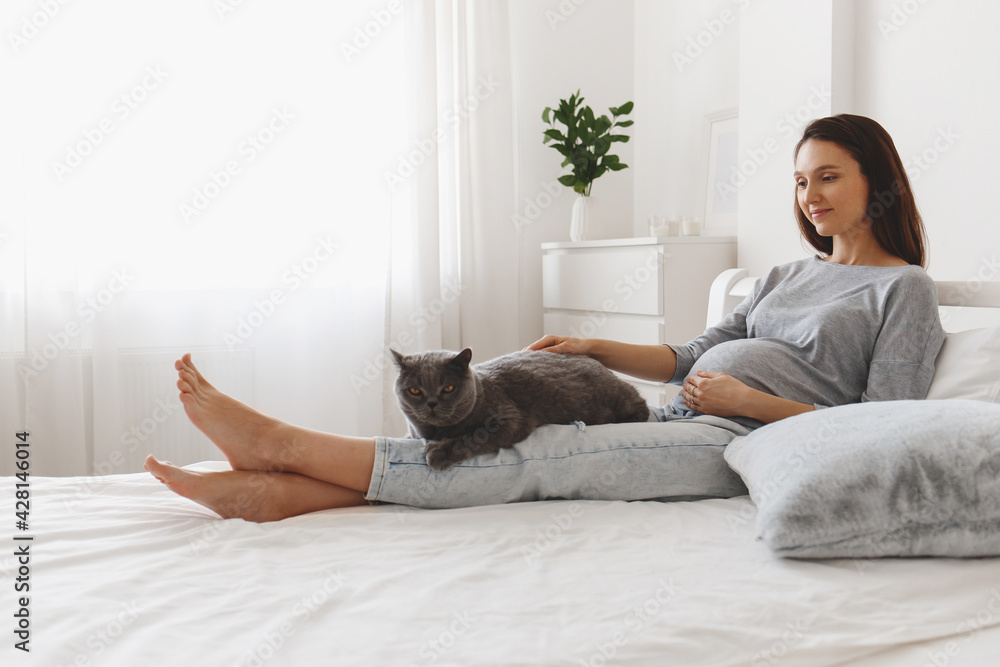 Young beautiful pregnant woman sitting on the bed with white linen and stroking the cat. Young beautiful pregnant woman sitting on the bed with white linen and stroking the cat.