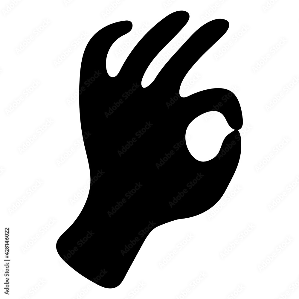 Obraz premium the ok sign with your fingers. a hand gesture. a black-and-white hand-drawn image. black silhouette of a hand isolated on a white background. template, print.