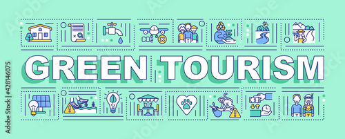 Green tourism word concepts banner. Activity focused on participating in rural lifestyle. Infographics with linear icons on mint background. Isolated typography. Vector outline RGB color illustration