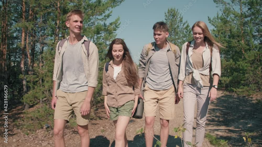 Tracking slowmo of four young men and women with backpacks smiling and hiking together in forest on sunny summer day Tracking slowmo of four young men and women with backpacks smiling and hiking together in forest on sunny summer day