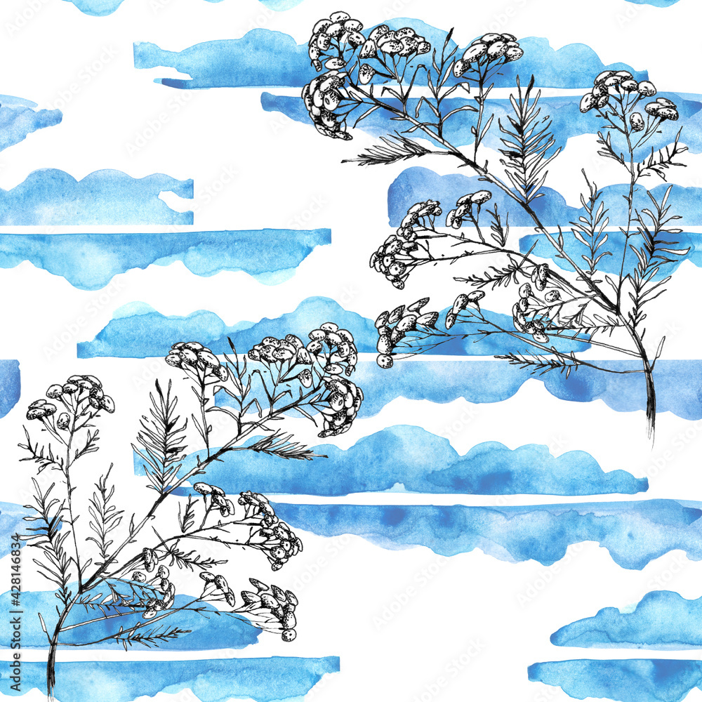 Seamless bright hand painted background with stripes.Trendy Blue and Turquoise watercolor stripe pattern. Hand draw stripes watercolor.Branch, immortelle plant, tansy. watercolor pattern of plants