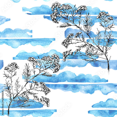 Seamless bright hand painted background with stripes.Trendy Blue and Turquoise watercolor stripe pattern. Hand draw stripes watercolor.Branch  immortelle plant  tansy. watercolor pattern of plants