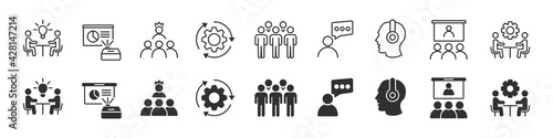 Business training and workshop icons collection in two different styles
