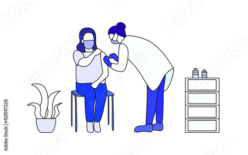 Coronovirus, influenza vaccination concept. The doctor gives a vaccine to a woman against covid, against the flu. Health care.