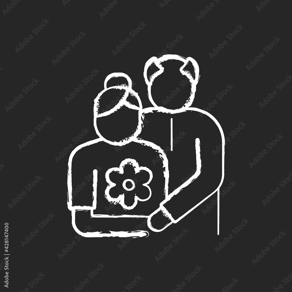 Old couple chalk white icon on black background. Honor senior citizens day. Double ninth festival. Visit elderly relatives. Organizing outings for retirees. Isolated vector chalkboard illustration Old couple chalk white icon on black background. Honor senior citizens day. Double ninth festival. Visit elderly relatives. Organizing outings for retirees. Isolated vector chalkboard illustration