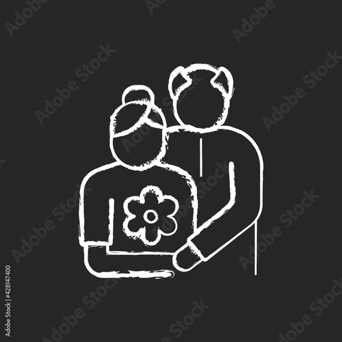 Old couple chalk white icon on black background. Honor senior citizens day. Double ninth festival. Visit elderly relatives. Organizing outings for retirees. Isolated vector chalkboard illustration
