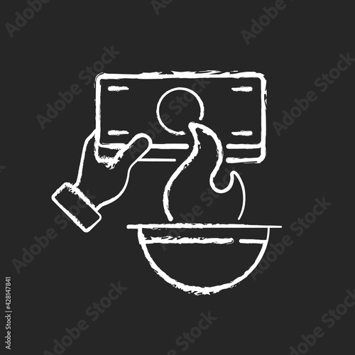Burning money chalk white icon on black background. Hungry ghost festival. Zhongyuanjie. Chinese culture. Visiting ancestors. Spirits coming out from realm. Isolated vector chalkboard illustration