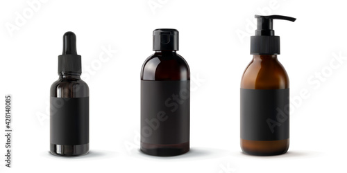 Set brown bottles for cosmetic products 3d realistic vector illustration, isolated. Plastic and glass mockup containers with black empty label sticker