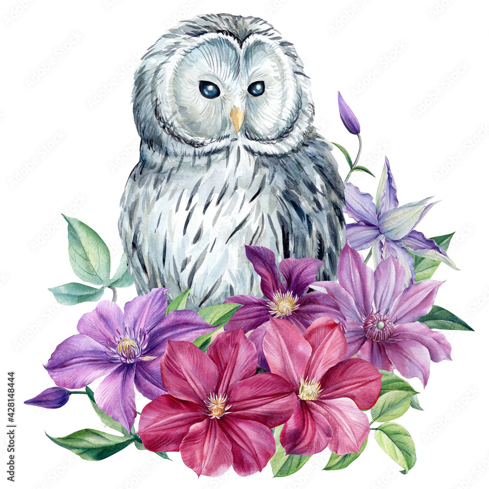 Fototapeta premium White owl and flowers on an isolated white background. Watercolor illustration, poster with owl decorated with clematis 