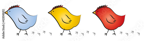 Frohe Ostern! Kücken - Drei bunte kleine Osterküken machen sich auf den Weg, Pastellfarben, cartoon, vektor, isoliert
