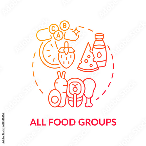 All food groups concept icon. Liver health requirement idea thin line illustration. Fruits, vegetables. Milk, meat and beans. Fatty fish, olive oil. Vector isolated outline RGB color drawing
