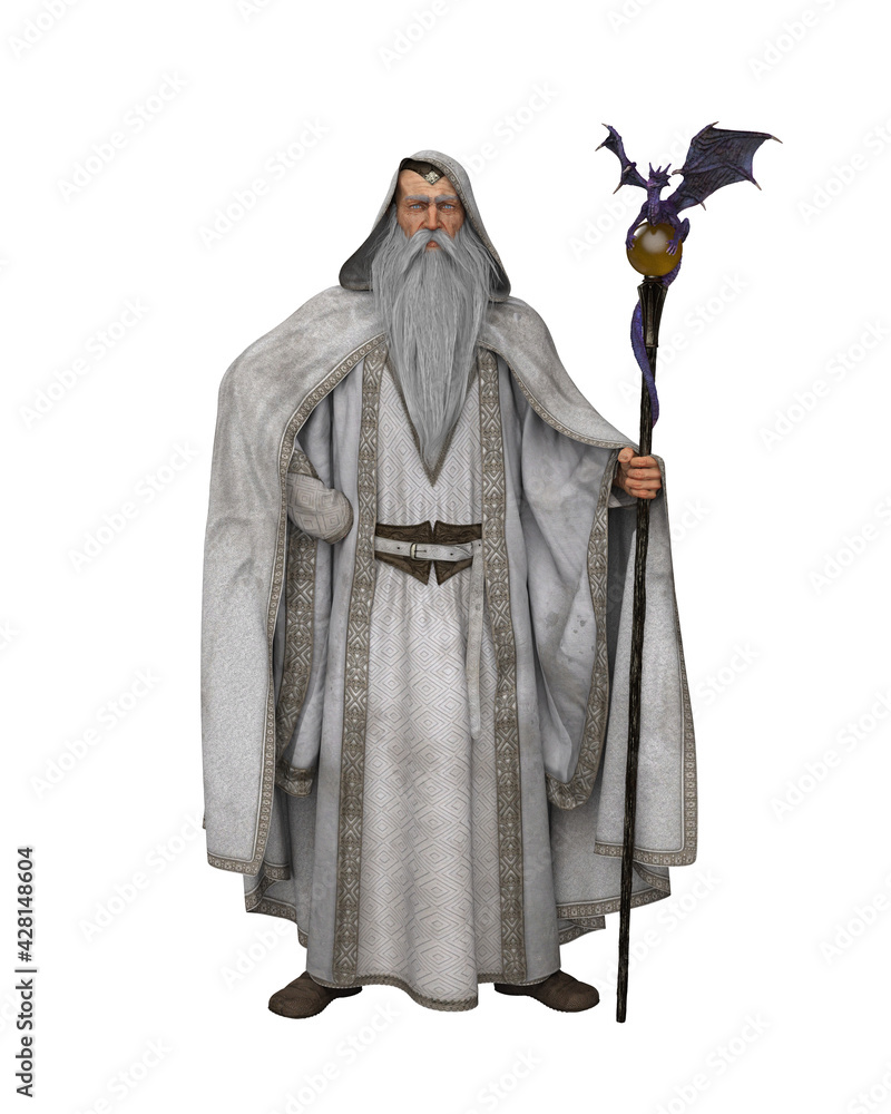 3D illustration of an old bearded white wizard standing with his staff. 3D illustration of an old bearded white wizard standing with his staff.